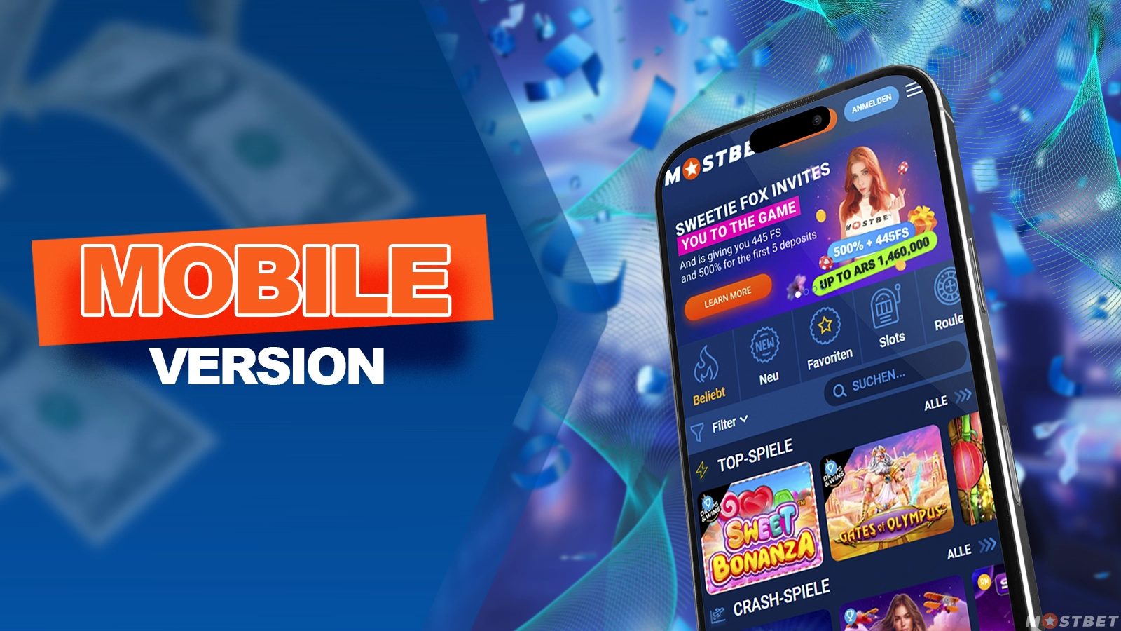 Mostbet Mobilschnittstelle mit Spielkategorien und Werbeaktionen
